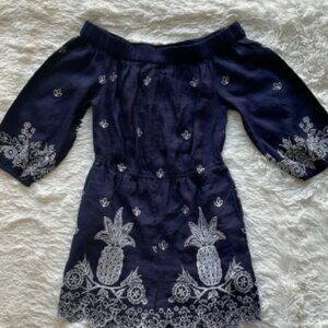 Farm Rio for Anthropologie Linen Embroidered Jackie Romper Navy XS